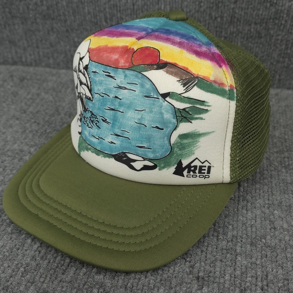 REI Co-op Hat Cap Snap Back Adjustable Green Mesh‎ Trucker Fishing Lake Art Mens